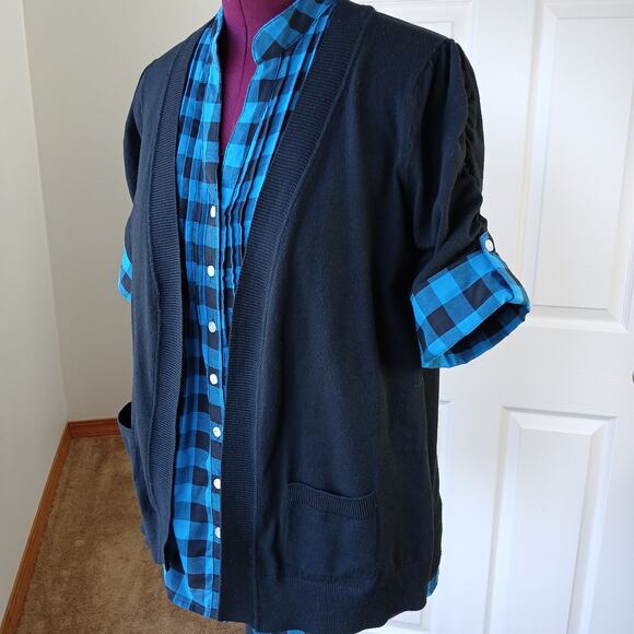 GNW Indigo Teal Layered Look Cardigan Blouse L plaid pintuck tunic roll sleeve - Picture 1 of 16